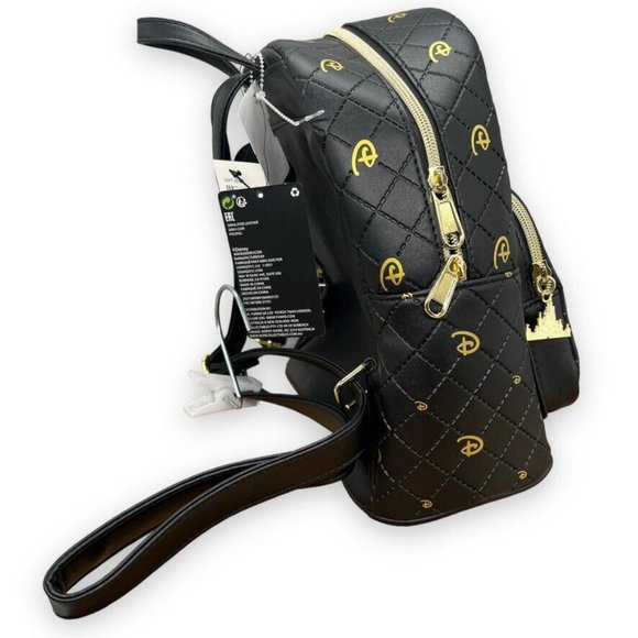 Disney x Loungefly‎ Gold Icon Black Quilted Mini Backpack Faux Leather Hot Topic main image 5